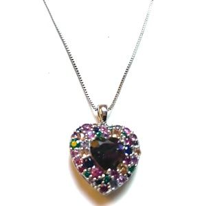 Sterling Silver Heart Shaped Multi Stone Necklace